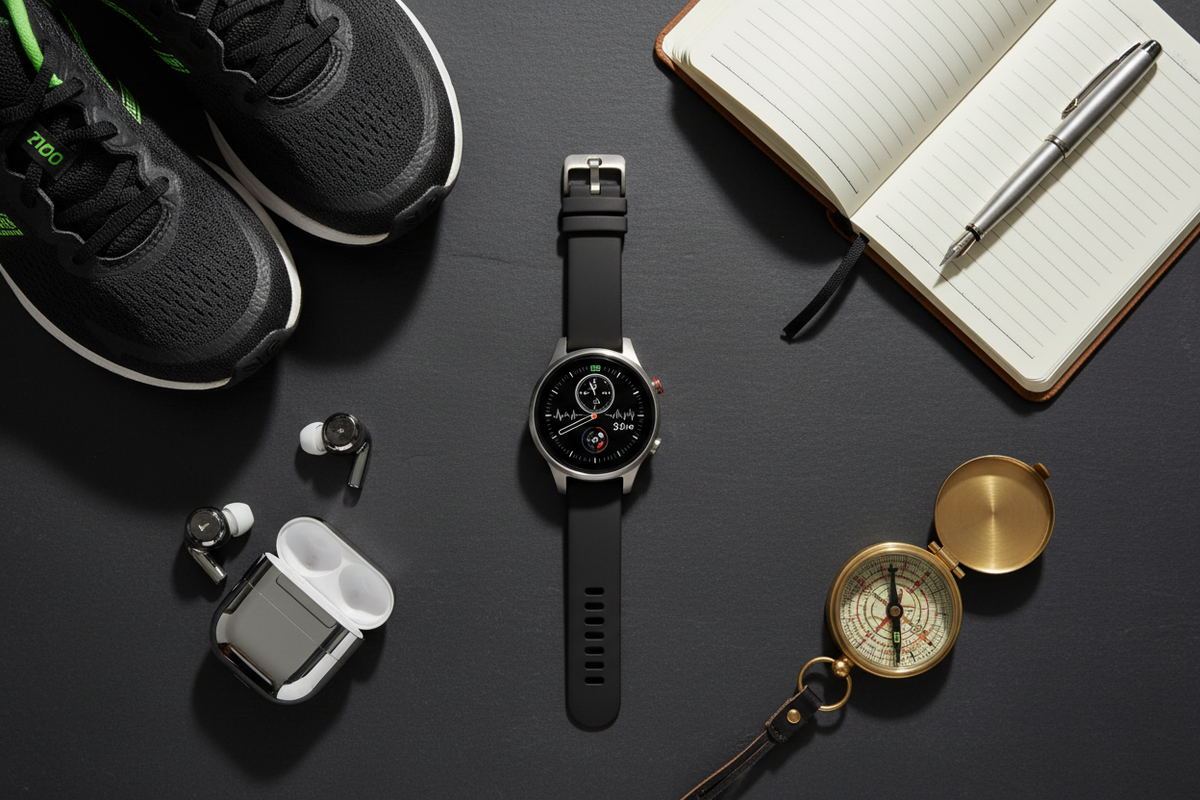 A premium smartwatch surrounded by lifestyle items including running shoes, a business notebook, hiking compass, and earbuds, representing different smartwatch user types and lifestyles