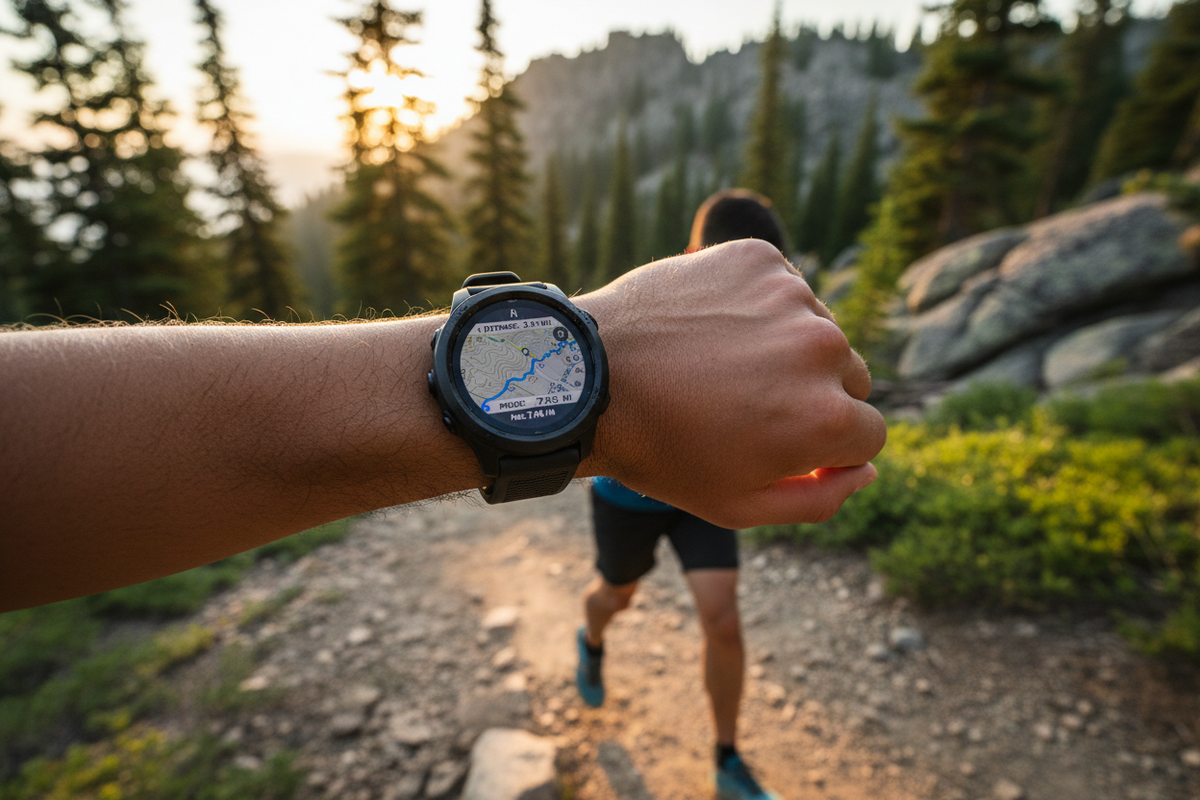 A smartwatch displaying a GPS route map on screen worn on a runner's wrist during an outdoor trail run, illustrating built-in GPS navigation and fitness tracking capabilities
