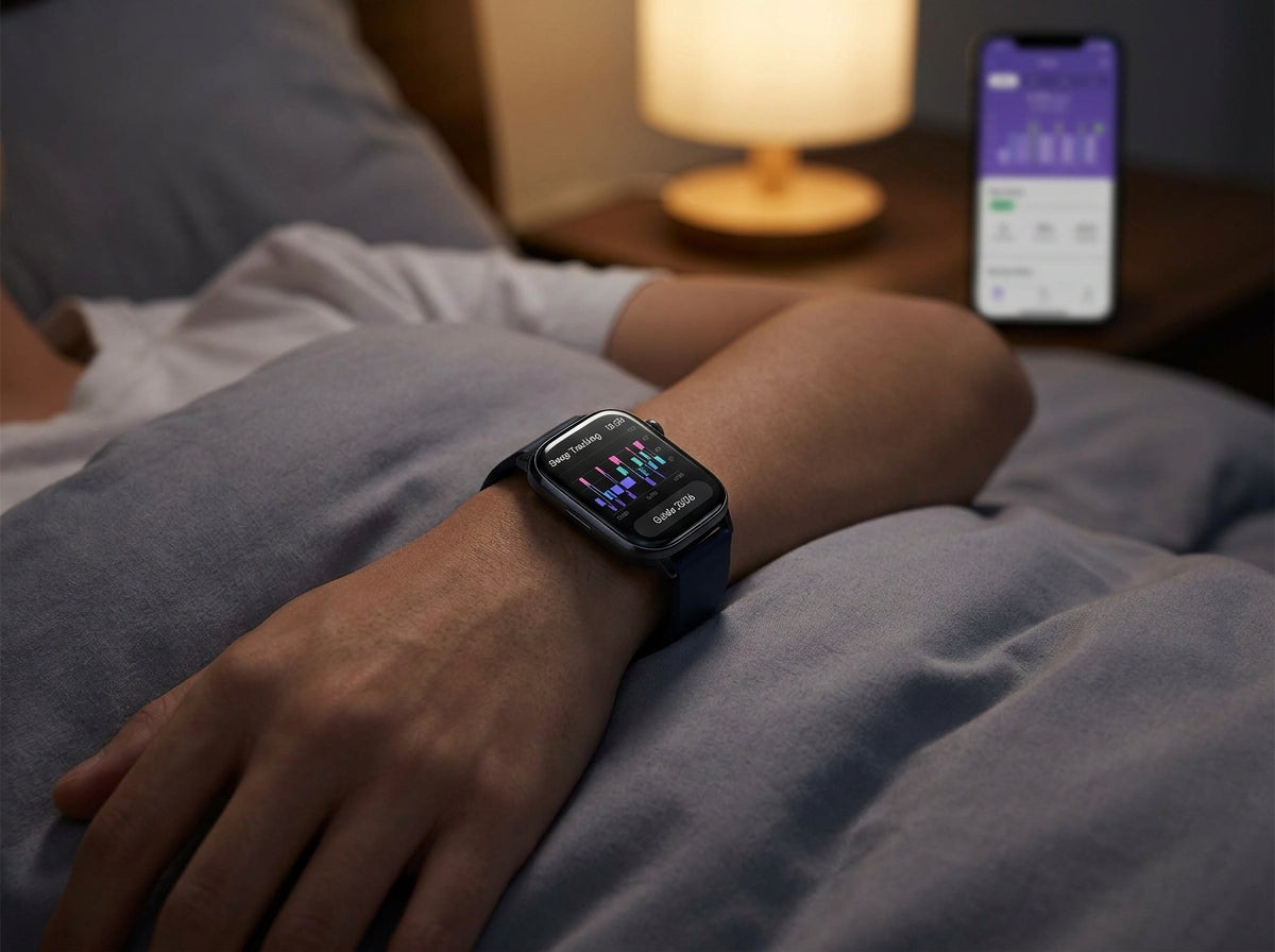Person in bed wearing a smartwatch displaying sleep tracking data on its screen with a smartphone app visible in the background