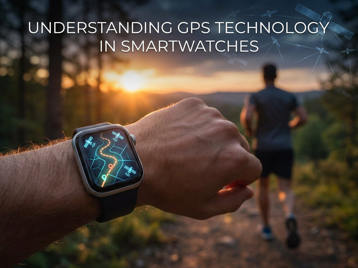 Smartwatch on wrist displaying a GPS navigation map and route with a runner on a nature trail in the background, overlaid with the text Understanding GPS Technology in Smartwatches