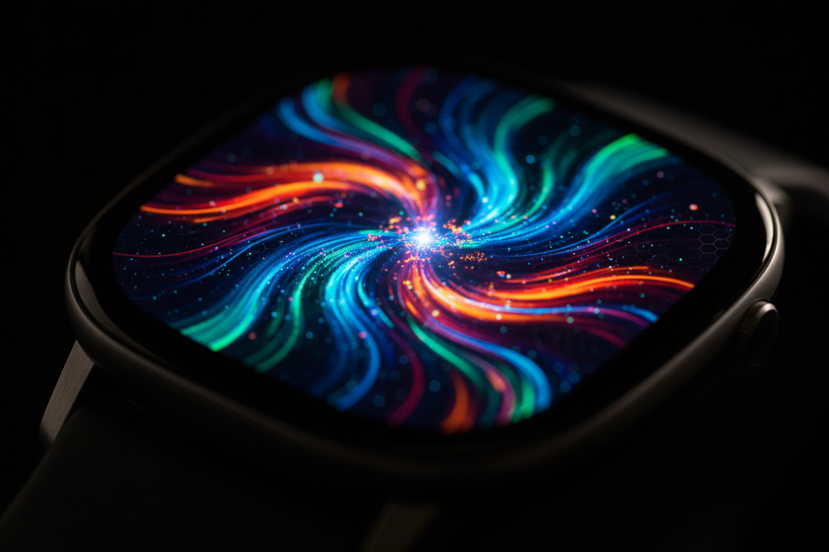 Macro close-up of a smartwatch AMOLED screen displaying vivid colors and true blacks, illustrating the superior contrast and color performance of AMOLED display technology compared to LCD