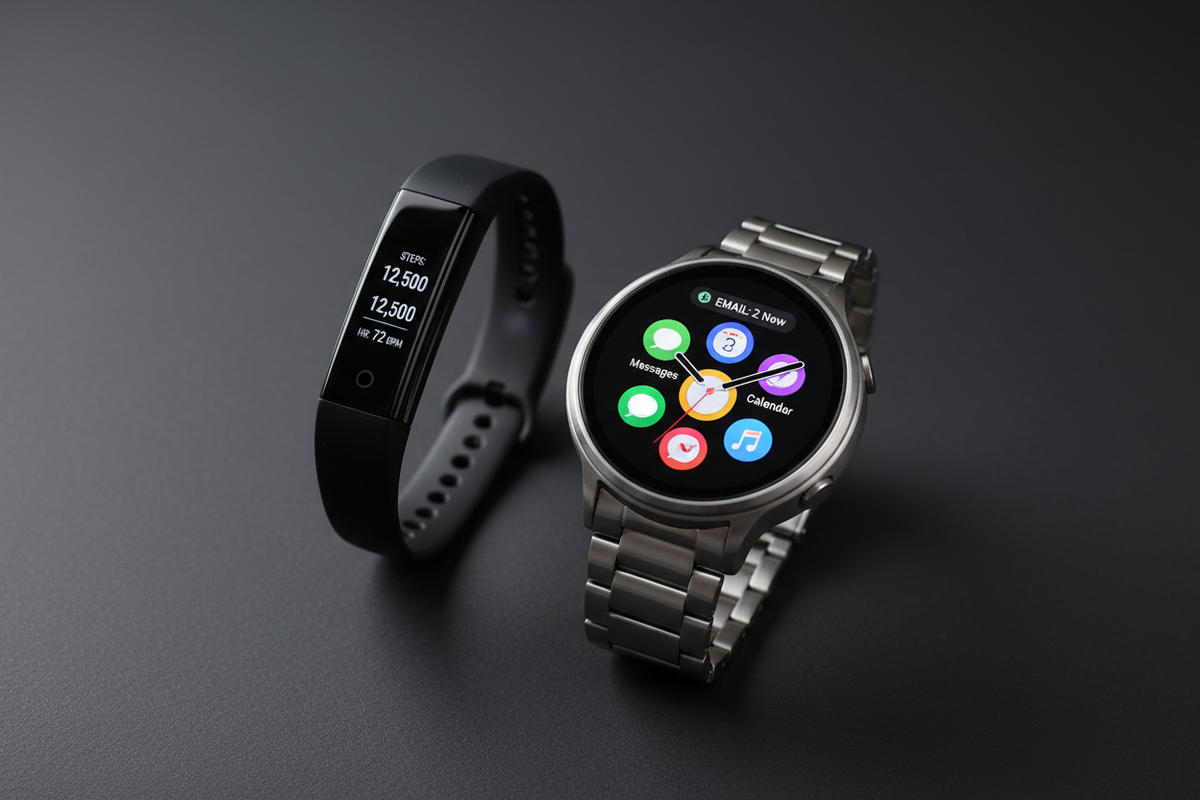 Side-by-side comparison of a fitness tracker and a smartwatch on a dark surface, showing their different displays and form factors to help buyers choose the right wearable device