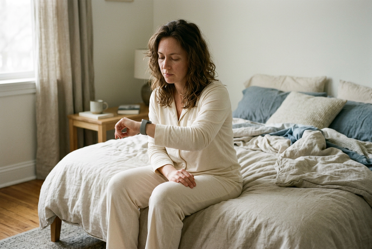 A woman in pajamas sits on the edge of her bed and checks her smartwatch with a tired expression in soft morning light.