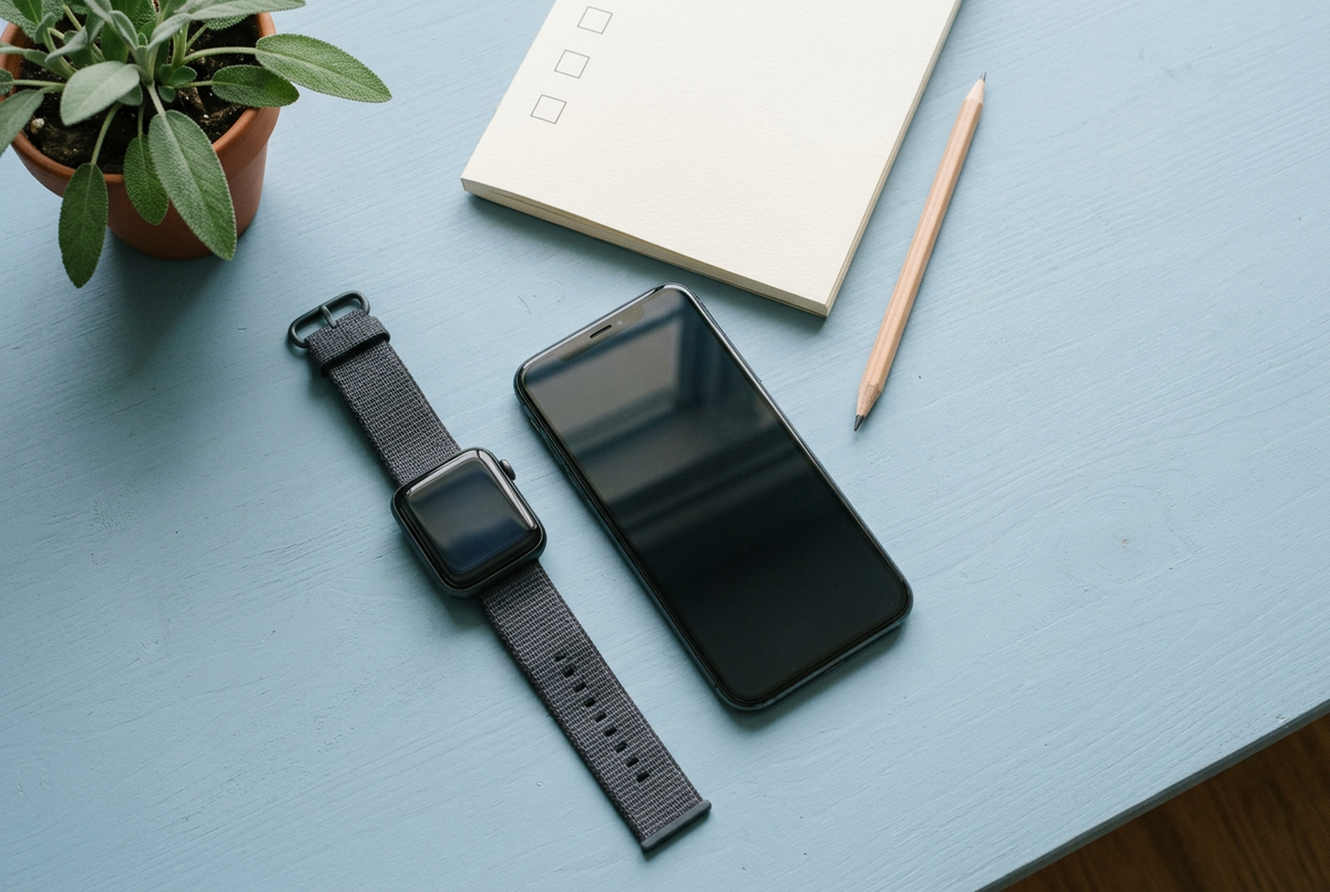 A smartwatch and smartphone lie beside a checklist notepad and pencil on a pale blue desk in natural light.