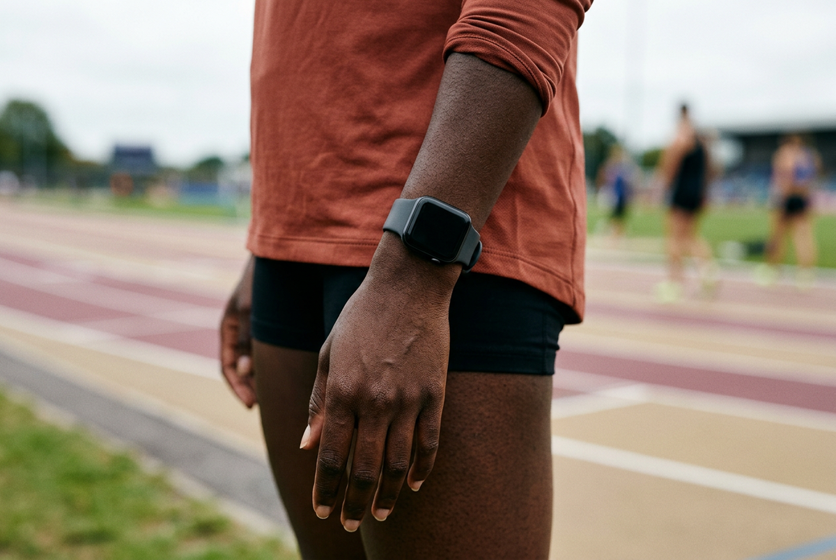 Close-up of a runner’s dark-skinned wrist wearing a smartwatch beside an outdoor athletics track.