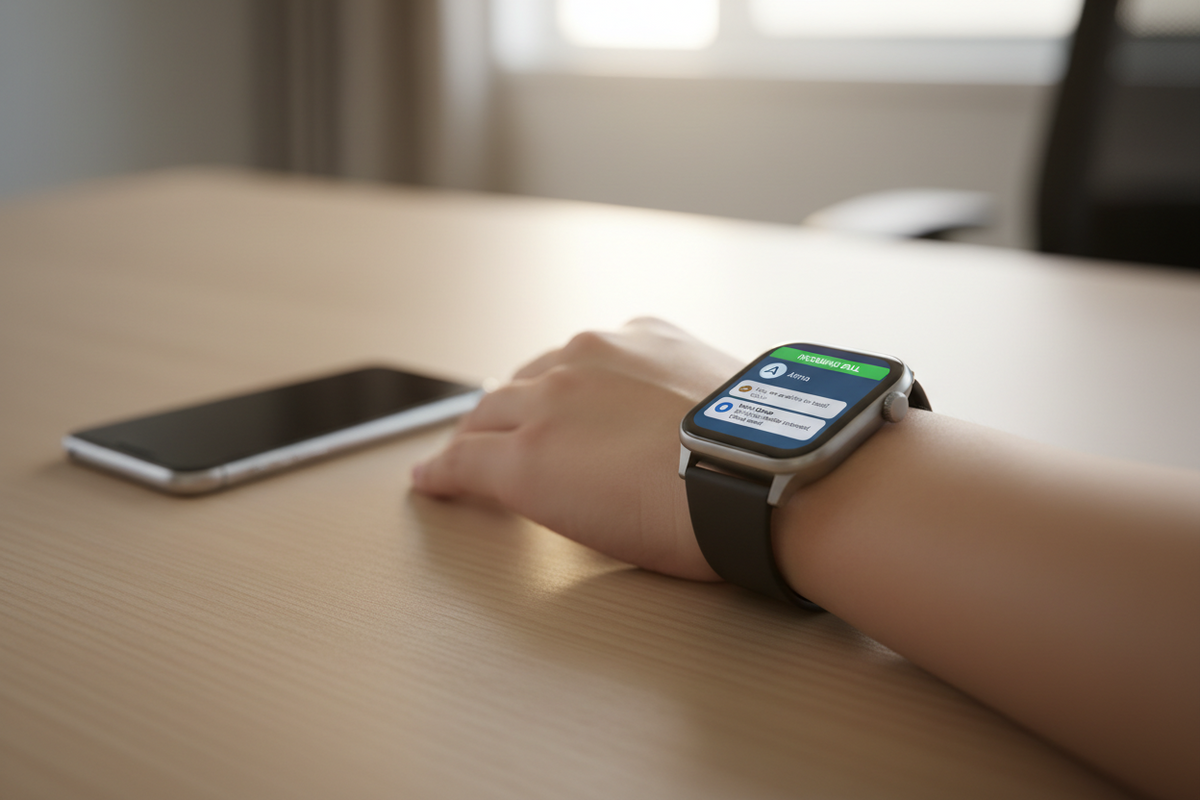 Smartwatch on a wrist displaying incoming message and call notifications on screen at an office desk, illustrating how to set up and manage smartwatch notifications using the Aolon Connect app