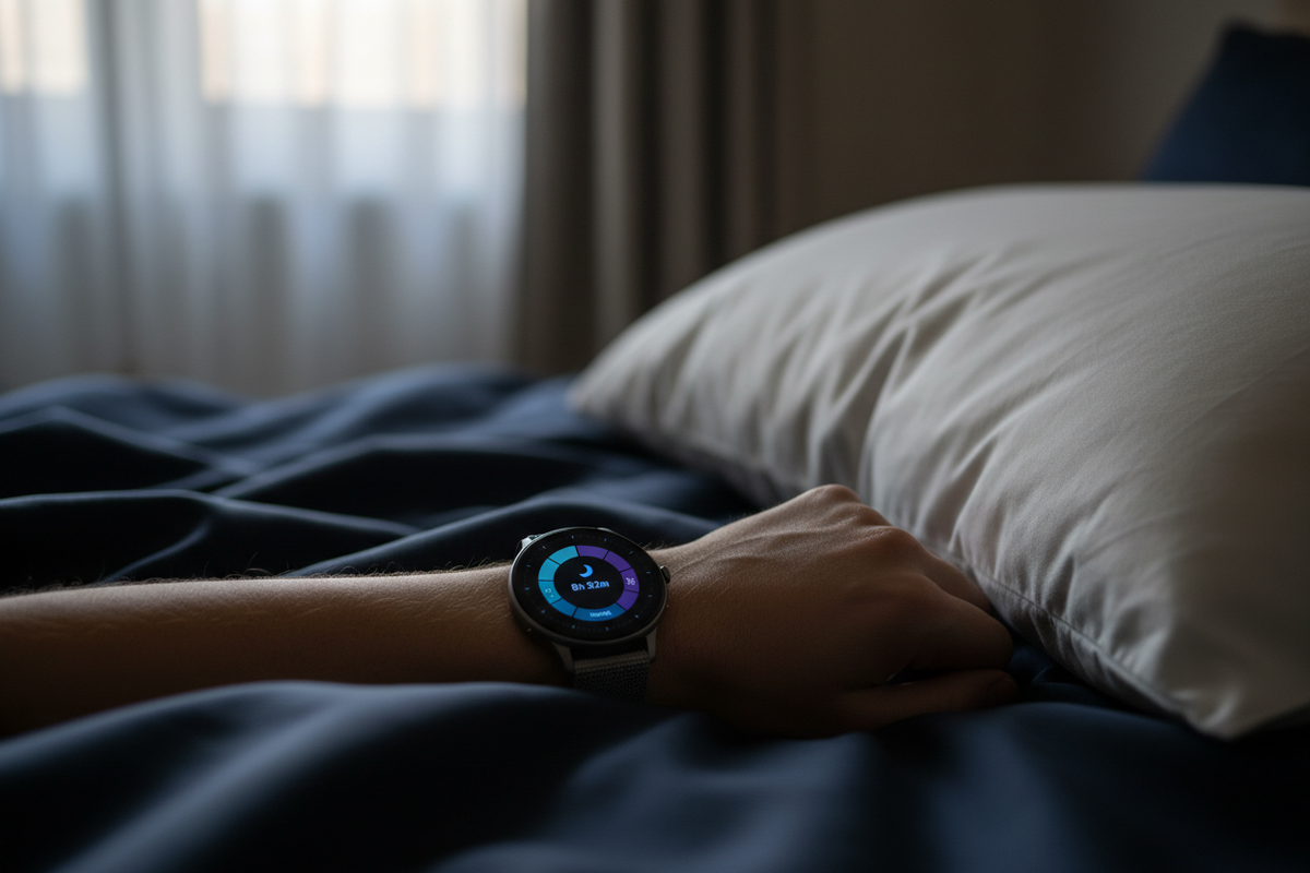 Smartwatch resting beside a pillow on dark bed sheets at night displaying a sleep stage chart showing light sleep, deep sleep, and REM sleep segments, illustrating how wearables track and improve sleep quality