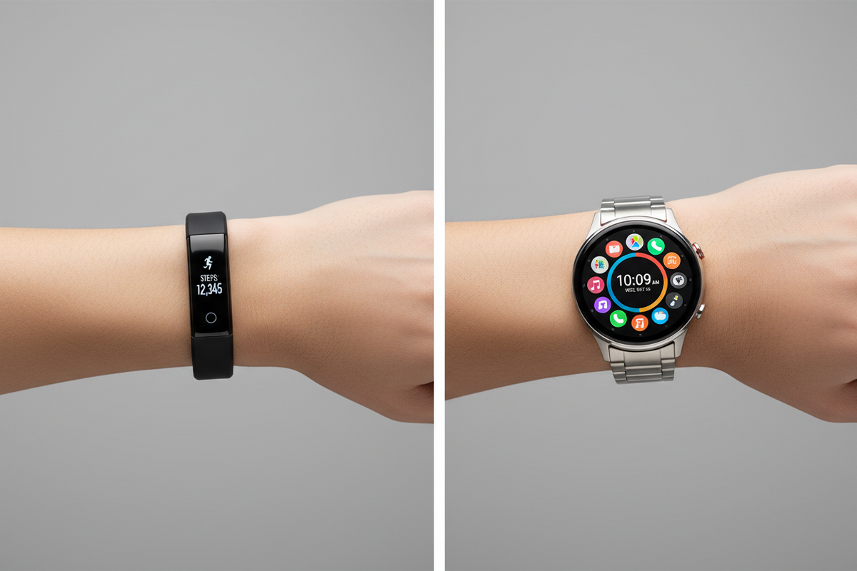 Both wrists of a person wearing a fitness tracker on the left showing step count and a smartwatch on the right showing a full app interface, illustrating the key differences between smartwatches and fitness trackers